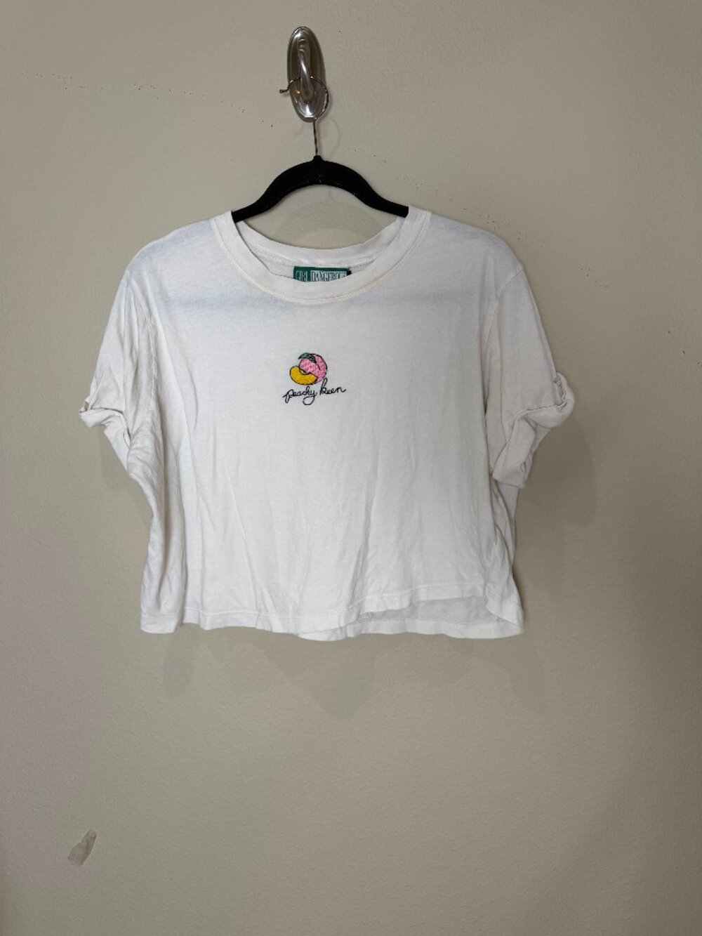 Peachy Keen Boxy Cropped Oversized Embroidered Graphic Tee T Shirt Size Large